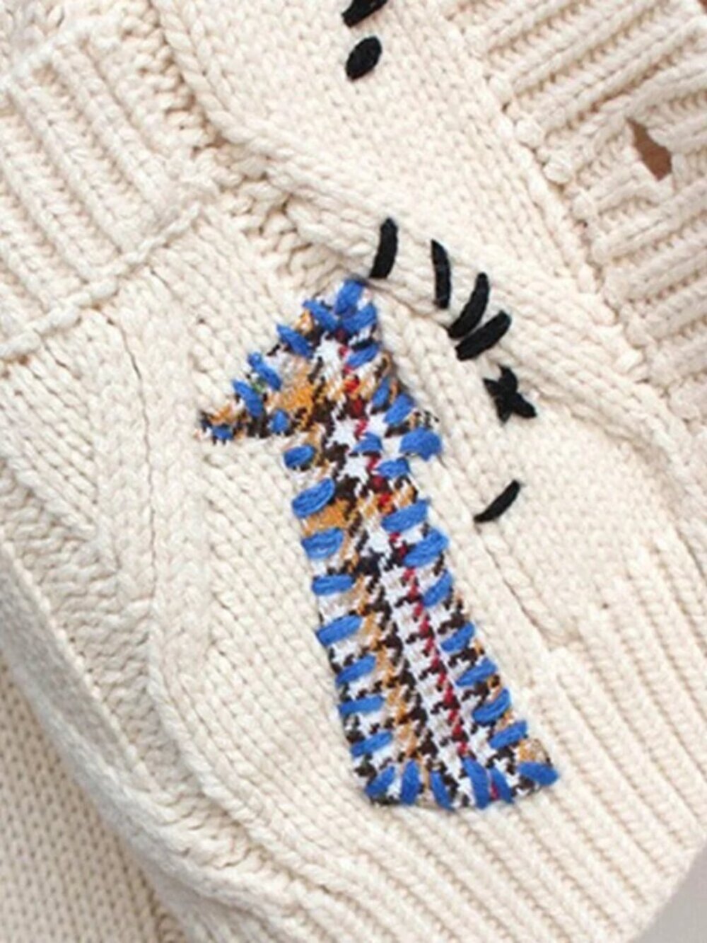 Patchwork Knit Embroidery College V-Neck Cardigan Button Up Sweater - Picture 5 of 6